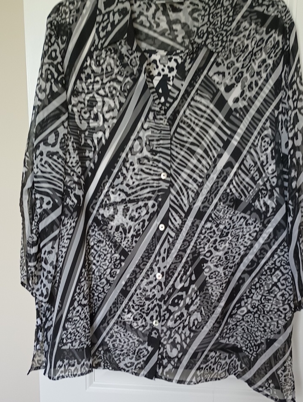 JM Collection Black and White Animal Print Sheer Button-Down Shirt